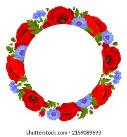Round frame with red poppy flowers, blue cornflowers, leaves and poppy seed pods on a white background. Vector illustration