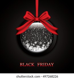 Round frame with red ribbon and bow, on black background with snow and snowflakes