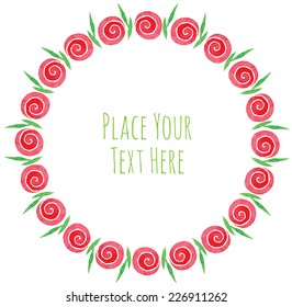 Round frame red rose flowers garland - watercolor vector template