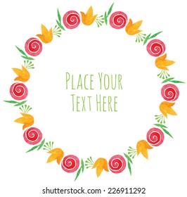 Round frame red rose and orange bell flower garland - watercolor vector template