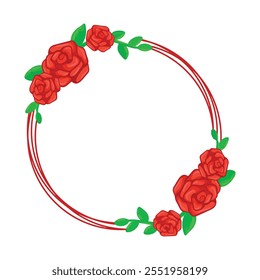 Round frame with red roses and green leaves. Vector clip art.