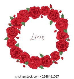 Round frame of red roses isolated on white background. Vector graphics.