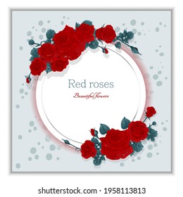 Marco redondo con rosas rojas y hojas sobre un fondo claro. Tarjeta vintage, invitación, tarjeta de felicitación. Ilustración del vector