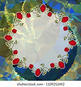 Round frame with red roses on a square mosaic background. Copy space. Wreath of flowers. Vector clip art.