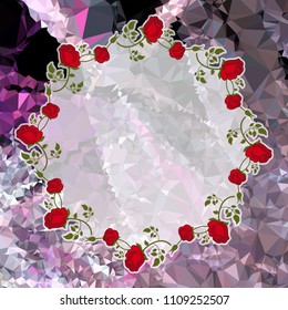 Round frame with red roses on a square mosaic background. Copy space. Wreath of flowers. Vector clip art.