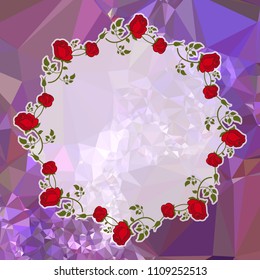 Round frame with red roses on a square mosaic background. Copy space. Wreath of flowers. Vector clip art.