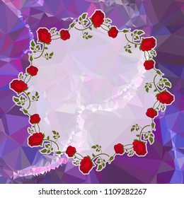 Round frame with red roses on a square mosaic background. Copy space. Wreath of flowers. Vector clip art.