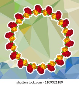 Round frame with red roses on a square mosaic background. Copy space. Wreath of flowers. Vector clip art.