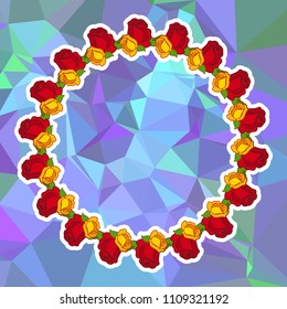 Round frame with red roses on a square mosaic background. Copy space. Wreath of flowers. Vector clip art.