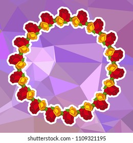 Round frame with red roses on a square mosaic background. Copy space. Wreath of flowers. Vector clip art.