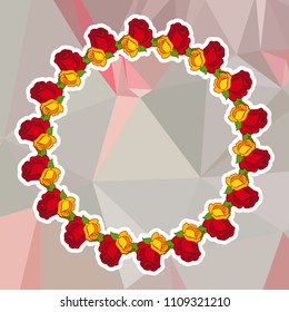 Round frame with red roses on a square mosaic background. Copy space. Wreath of flowers. Vector clip art.