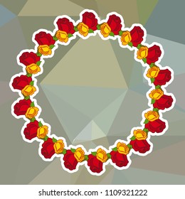 Round frame with red roses on a square mosaic background. Copy space. Wreath of flowers. Vector clip art.