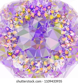Round frame with red roses on a square mosaic background. Copy space. Wreath of flowers. Vector clip art.