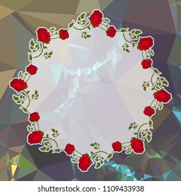 Round frame with red roses on a square mosaic background. Copy space. Wreath of flowers. Vector clip art.
