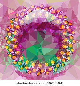 Round frame with red roses on a square mosaic background. Copy space. Wreath of flowers. Vector clip art.