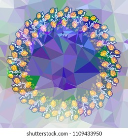 Round frame with red roses on a square mosaic background. Copy space. Wreath of flowers. Vector clip art.
