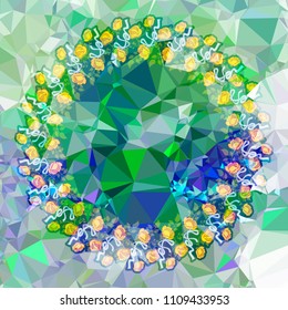 Round frame with red roses on a square mosaic background. Copy space. Wreath of flowers. Vector clip art.