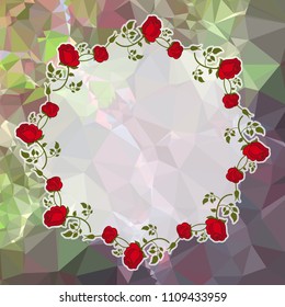 Round frame with red roses on a square mosaic background. Copy space. Wreath of flowers. Vector clip art.