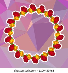 Round frame with red roses on a square mosaic background. Copy space. Wreath of flowers. Vector clip art.