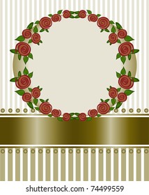 round frame of red roses on a striped background