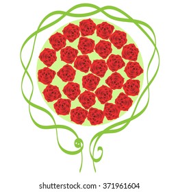 Round frame of red roses. Vector illustration wreath of flowers. Can be used as a greeting card for background of Valentine's day, birthday, mother's day or any other design.