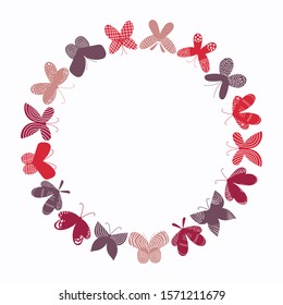 Round frame with red tones butterflies on white background. Symmetric insects. Graphic hand drawn template - pink, beige, crimson, burgundy wings. Decorative elements. Moths  in circle. 