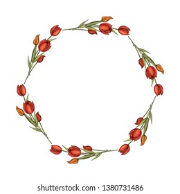 Round frame with red tulips.