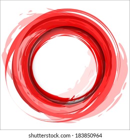 Round frame. Red vector background with brush strokes and splashes. 