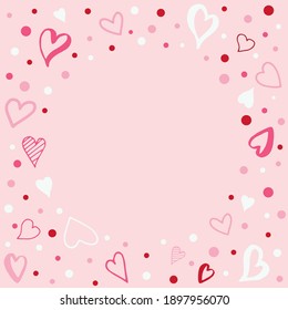 Round frame of red and white hearts and dots on a pink background