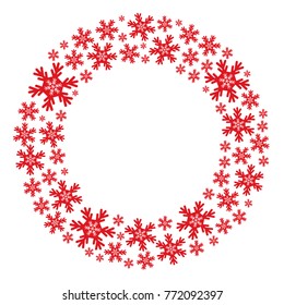Round frame with red and white snowflake for winter holiday. Vector illustration