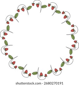 Round frame with red wild strawberries on white background. vector image.