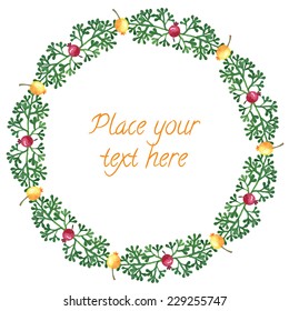 Round frame red yellow berries briar green branch garland - watercolor vector template