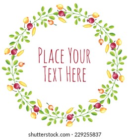 Round frame red yellow berries briar green branch garland - watercolor vector template