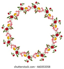 Round frame with red and yellow roses. Vector clip art.
