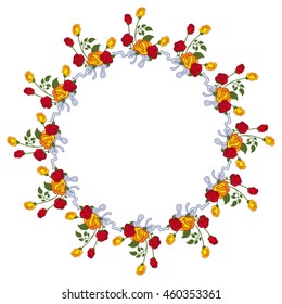 Round frame with red and yellow roses. Vector clip art.