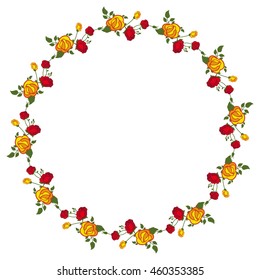 Round frame with red and yellow roses. Vector clip art.