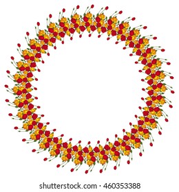 Round frame with red and yellow roses. Vector clip art.