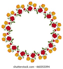 Round frame with red and yellow roses. Vector clip art.
