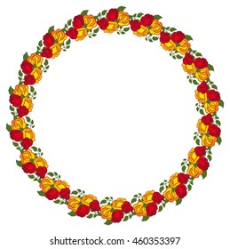 Round frame with red and yellow roses. Vector clip art.