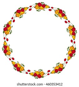 Round frame with red and yellow roses. Vector clip art.