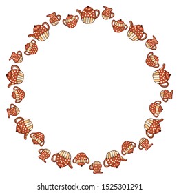 Round frame of red-beige teapots, sugar bowls and jugs of milk on a white background. Isolated hand-drawn template in scandinavian style. For advertising, decorations, banners, signage, etc. Vector.
