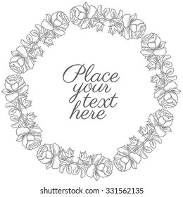Round frame of retro roses - design for greeting cards, invitations and party registration from vector hand drawing rose flowers