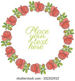 Round frame of retro roses - design for greeting cards, invitations and party registration from vector hand drawing rose flowers