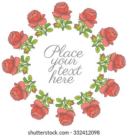 Round frame of retro roses - design for greeting cards, invitations and party registration from vector hand drawing rose flowers
