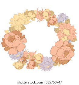 Round frame of retro roses - design for greeting cards, invitations and party registration from vector hand drawing rose flowers