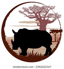 Round frame with rhinoceros silhouette and african savannah landscape. Vector illustration.	