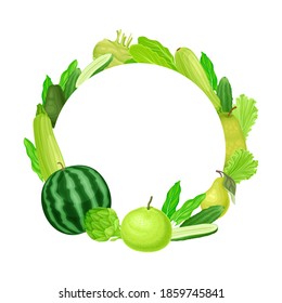 Round Frame of Ripe and Juicy Fruit and Vegetables Vector Illustration