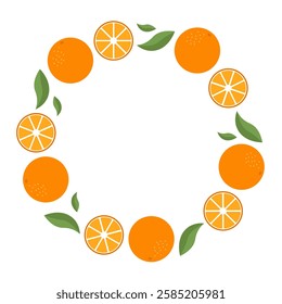 Round frame of ripe oranges on a white background. Banner, text space, flyer, label