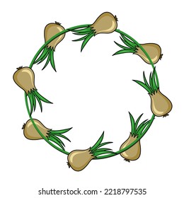 Round frame, ripe vegetables, golden onion, copy space, vector illustration in cartoon style