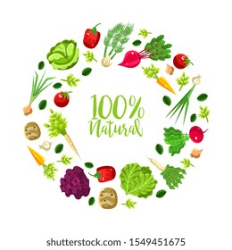 Round frame of root vegetables and greens. Vector illustration on a white background.